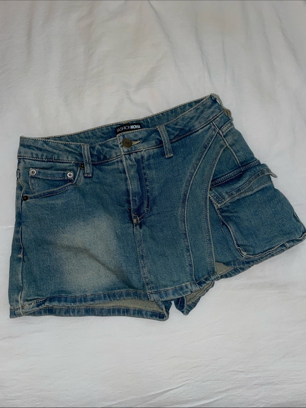 Fashion Nova Distressed Blue Denim Cargo Skort